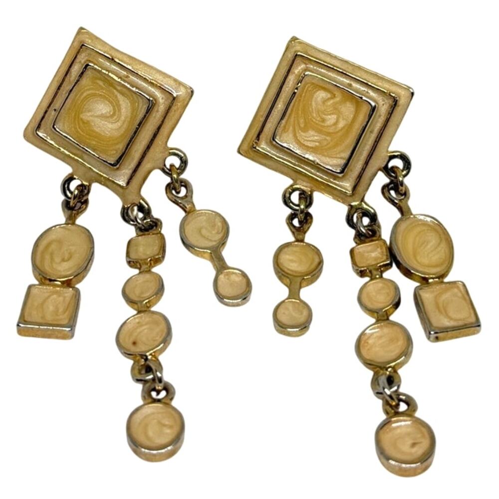 Gold Tone Clip-On Dangle Earrings Tan Cream Enamel Geometric 80s Style Vintage